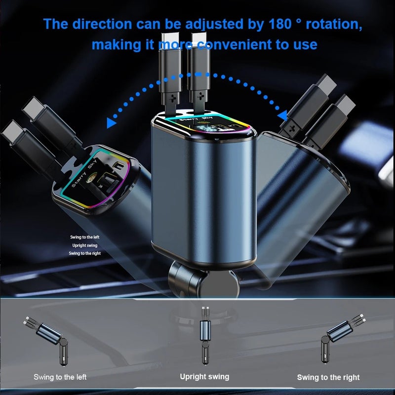 Bluejw C9 LED Display Retractable 4-in-1 Car Charger: Fast Charging, Ambient Light, Automobile Adapter for Type-C & More - Image 5
